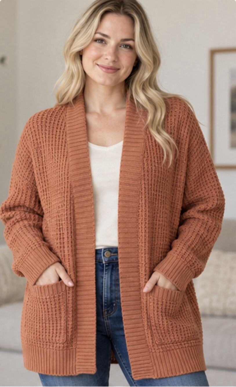 American Eagle Cardigan Womens Medium Rust Orange Open Knit Sweater Pockets